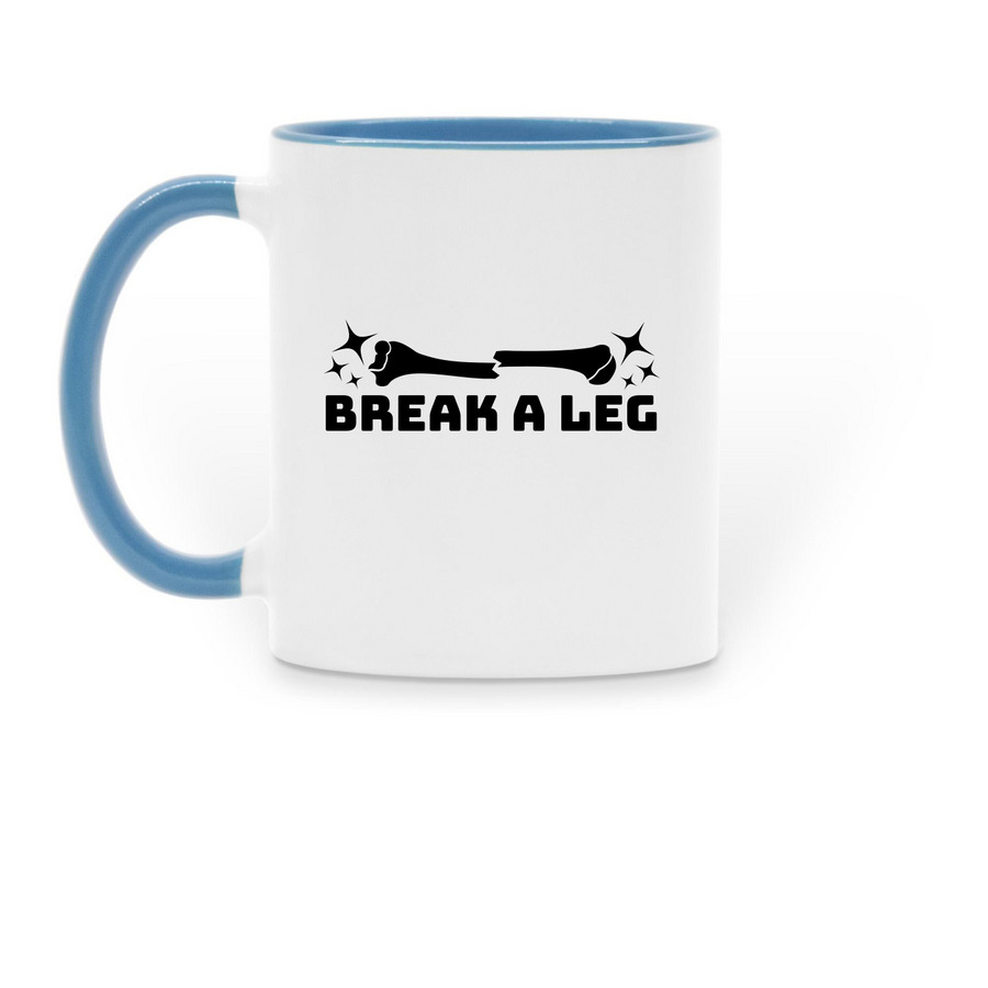 ?Break A Leg? Coffee Mug, a Light Blue Two-Tone Ceramic Mug (back-view)