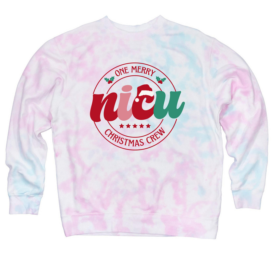 The Merry NICU Crew, a Cotton Candy Tie Dye Crewneck Sweatshirt