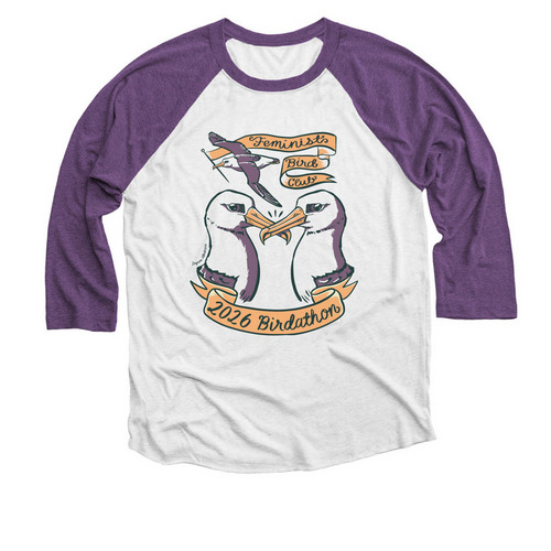 2026 Birdathon Tee, a Purple Rush and Heather White 3/4 Sleeve Baseball Tee
