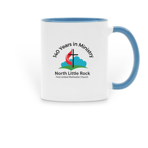 140 Years in Ministry Logo Mug, a Light Blue Two-Tone Ceramic Mug