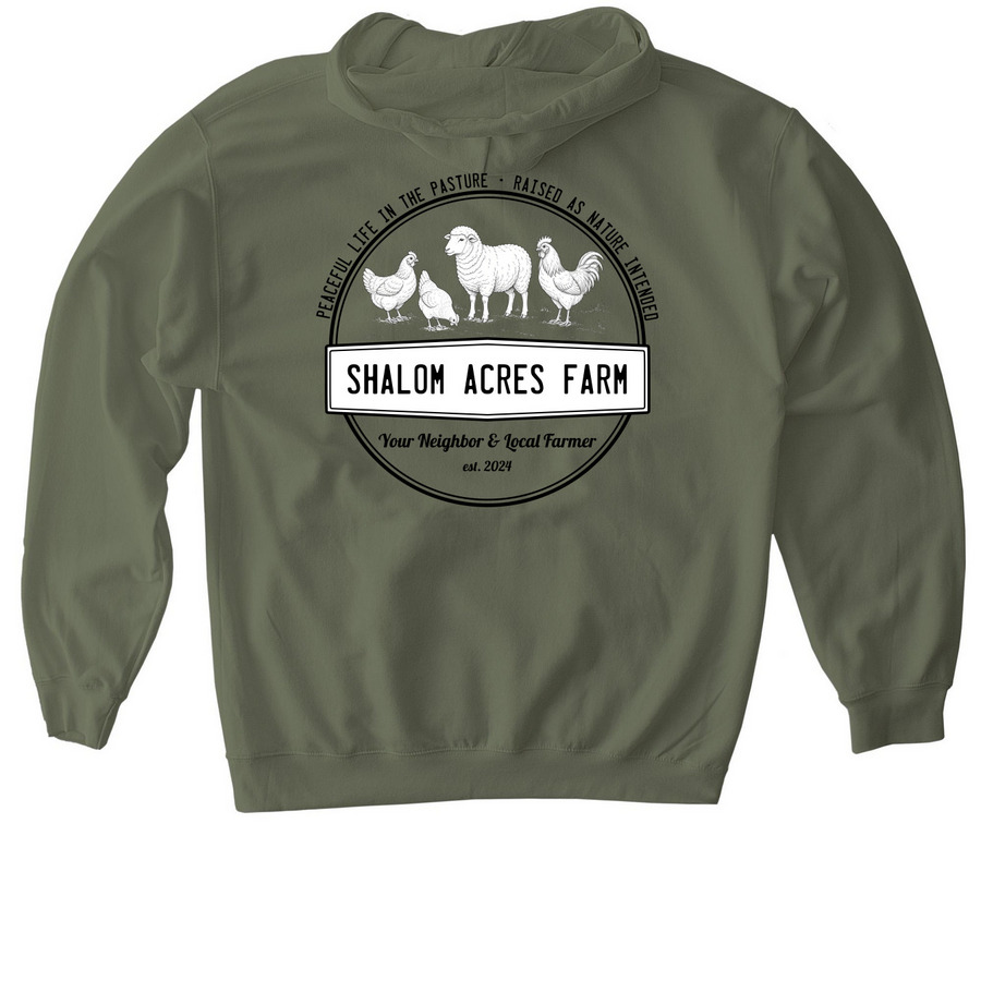 Shalom Acres Farmwear, a Military Green Gildan Softstyle Pullover Hoodie (back-view)