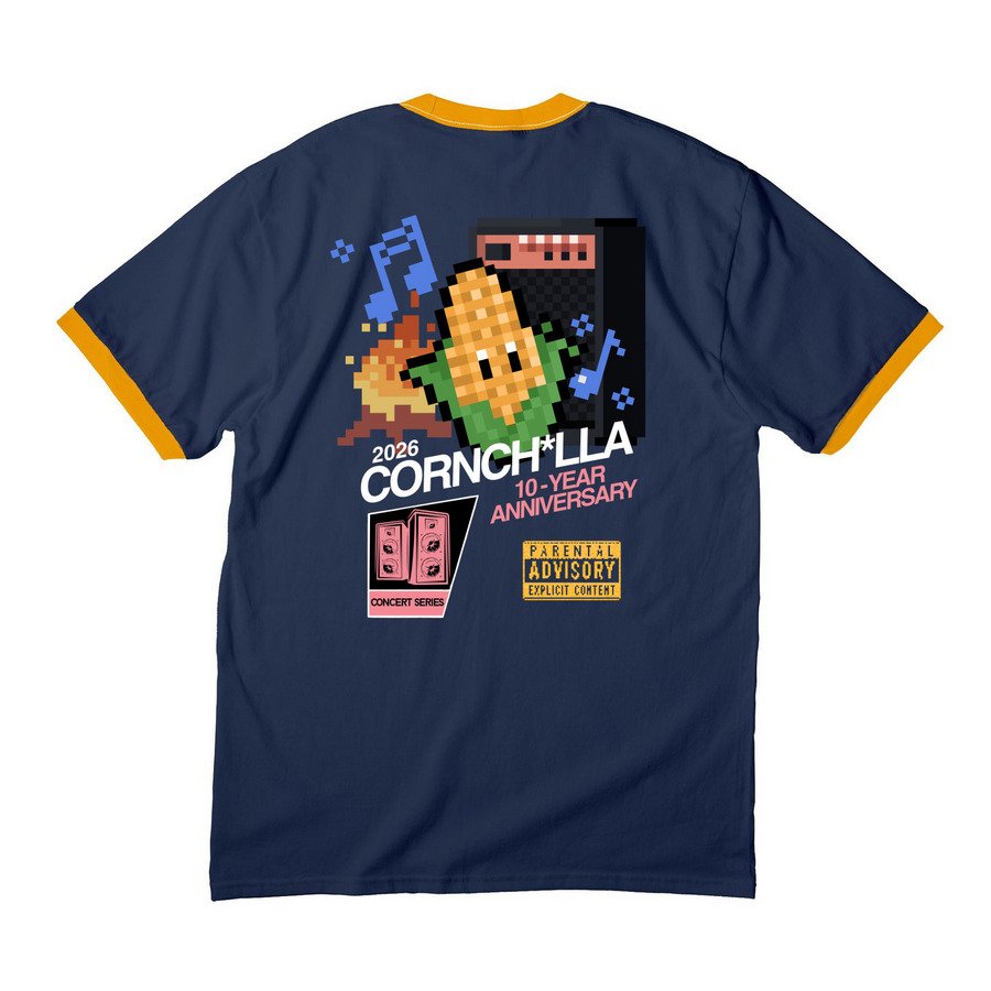 Cornch*lla 10th Anniversary, a Navy/ Gold Cotton Ringer Tee (back-view)
