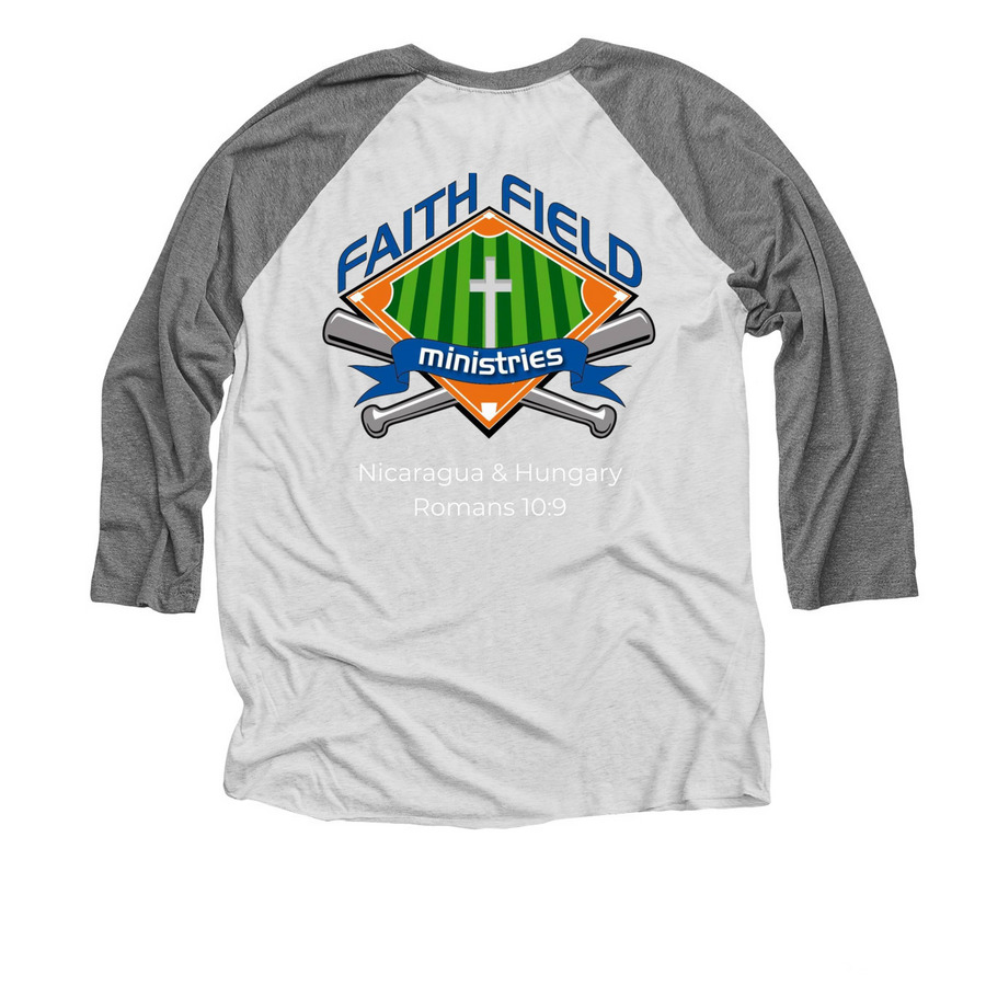 FFBM MISSION TRIPS SHIRTS 2026, a Premium Heather and Heather White 3/4 Sleeve Baseball Tee (back-view)