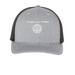 blue dot: "locals ride waves together", a Heather Grey/ Black Printed Five-Panel Trucker Cap