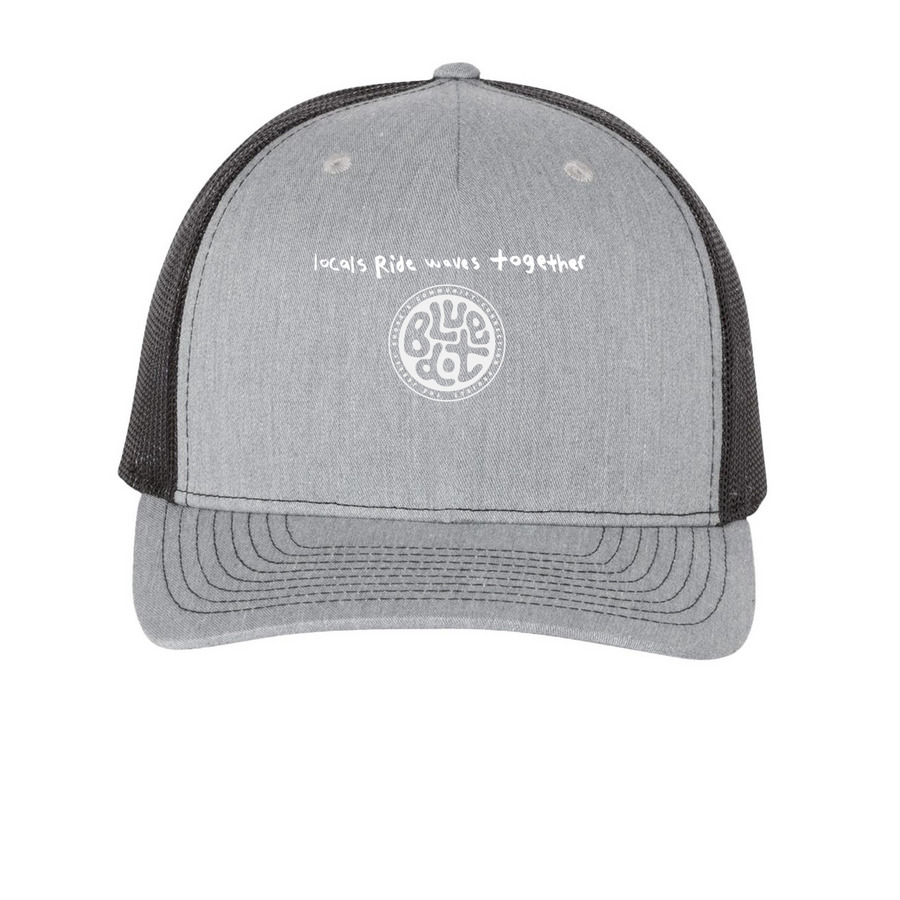 blue dot: "locals ride waves together", a Heather Grey/ Black Printed Five-Panel Trucker Cap