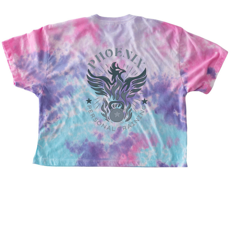 Phoenix PT Crops, a Cotton Candy Women's Tie Dye Cropped Tee (back-view)