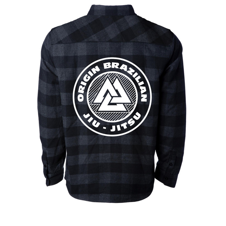 Flannel and such, a Charcoal Heather/ Black Unisex Flannel Shirt (back-view)