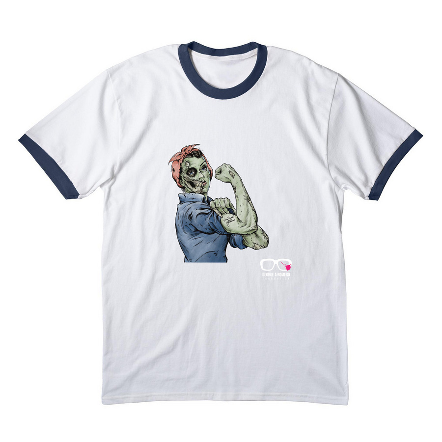 Undead Rosie the Riveter, a White/ Navy Cotton Ringer Tee
