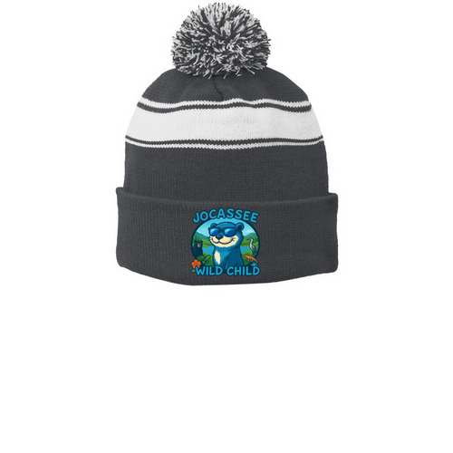 Beanies, a Iron Grey/ White Printed Stripe Pom-Pom Beanie