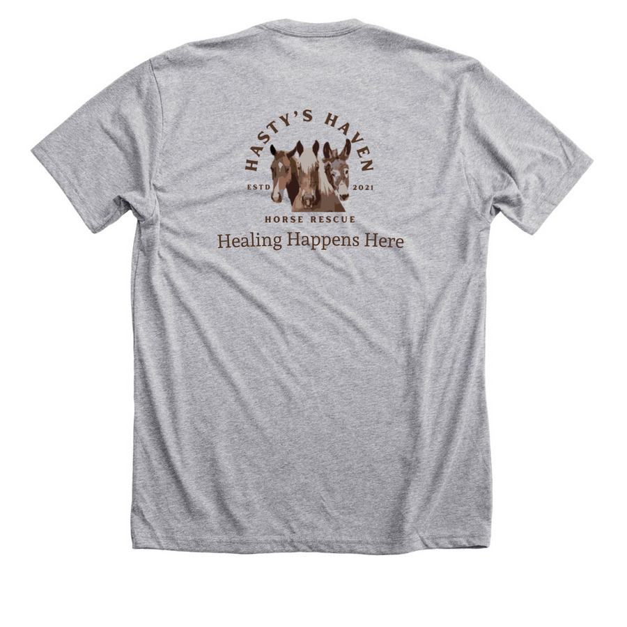 Healing Happens Here, a Athletic Heather Premium Unisex Tee (back-view)