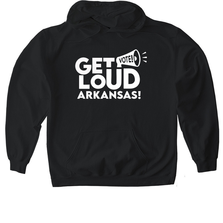 Get Loud Arkansas with White Logo, a Black Gildan Softstyle Pullover Hoodie