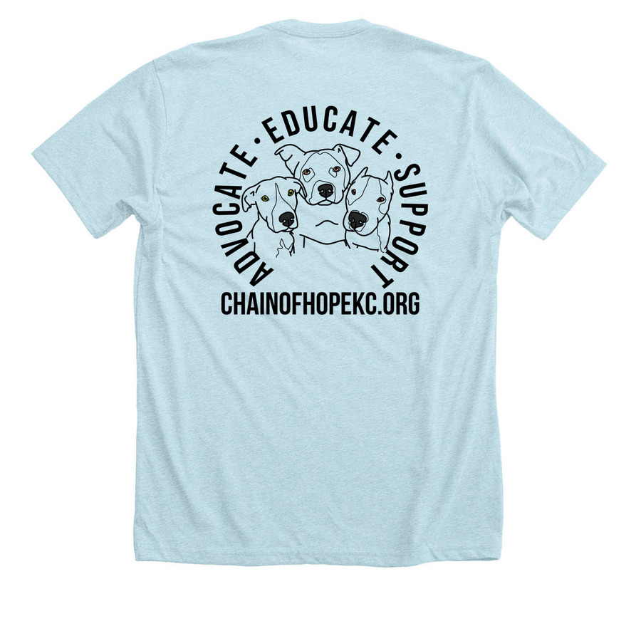 Advocate. Educate. Support., a Heather Ice Blue Premium Unisex Tee (back-view)