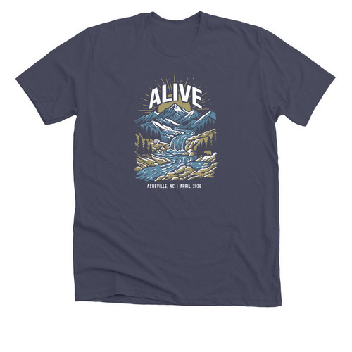 Alive: Asheville, NC | April 2026, a Heather Midnight Navy Premium Unisex Tee