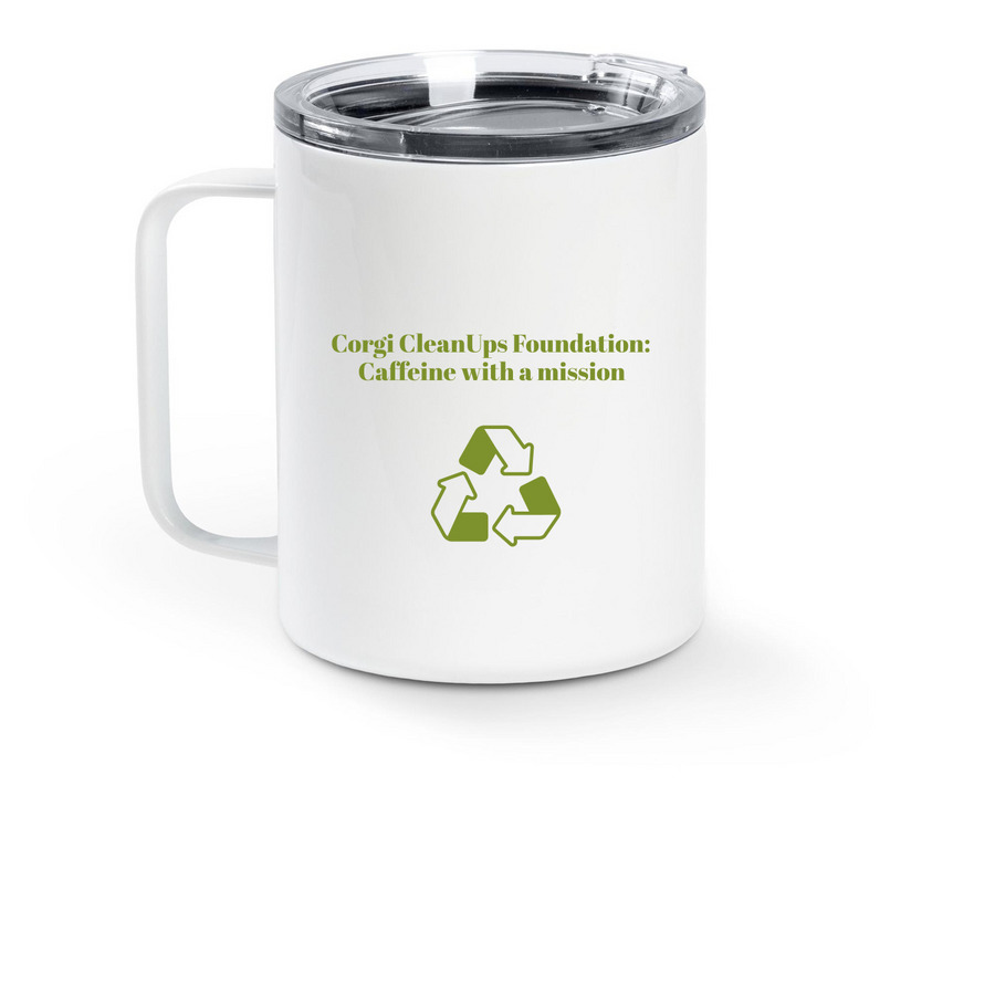 Corgi CleanUps Mean Mugging, a White Stainless Steel Travel Mug (back-view)