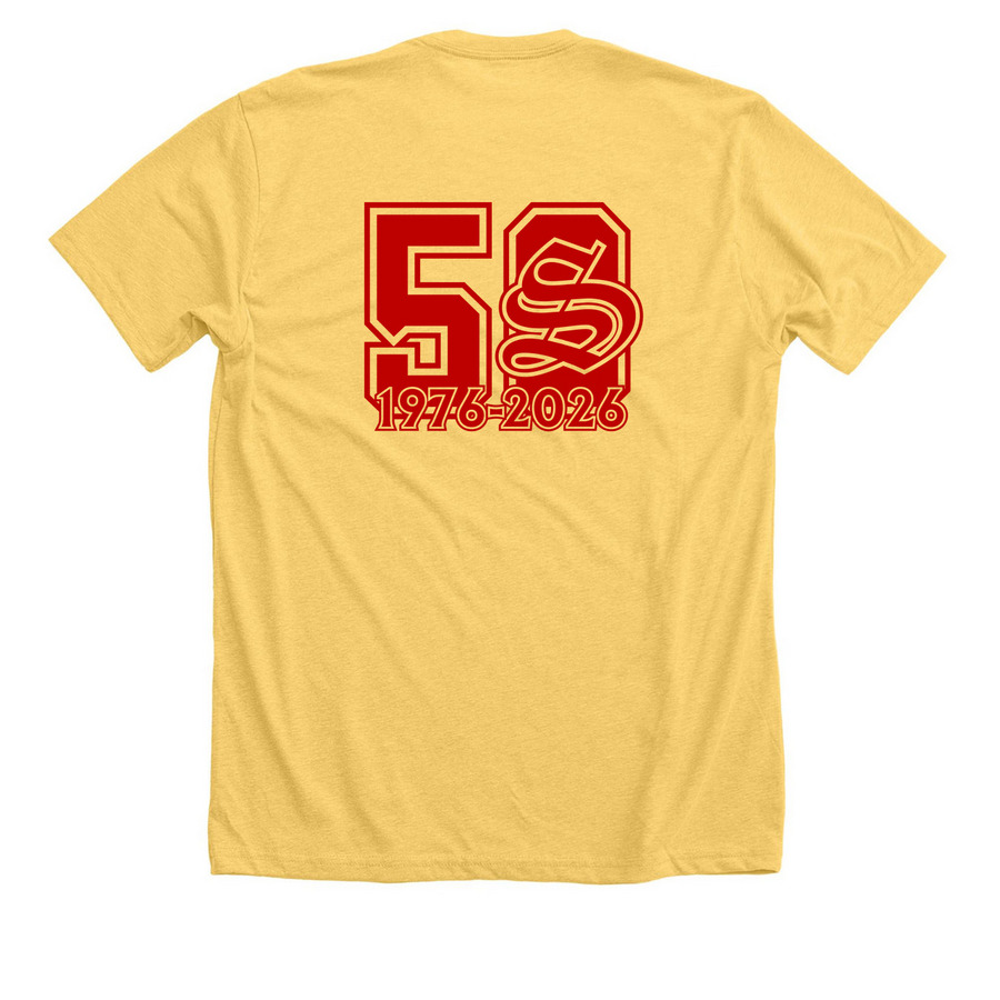 Lambda Gamma '85, a Heather Yellow Gold Premium Unisex Tee (back-view)