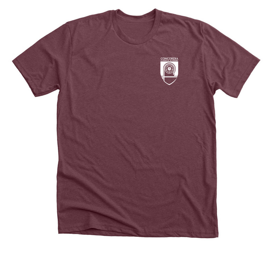 Rooted in Christ, a Heather Maroon Premium Unisex Tee