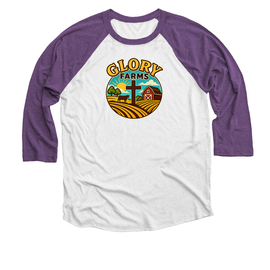 Glory Farms&nbsp;, a Purple Rush and Heather White 3/4 Sleeve Baseball Tee