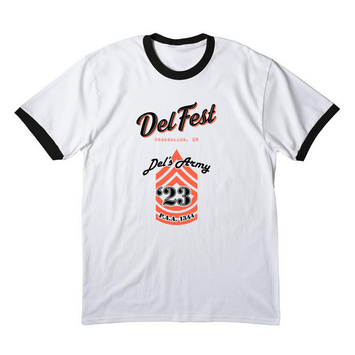 Del's Army '23, a White/ Jet Black Cotton Ringer Tee