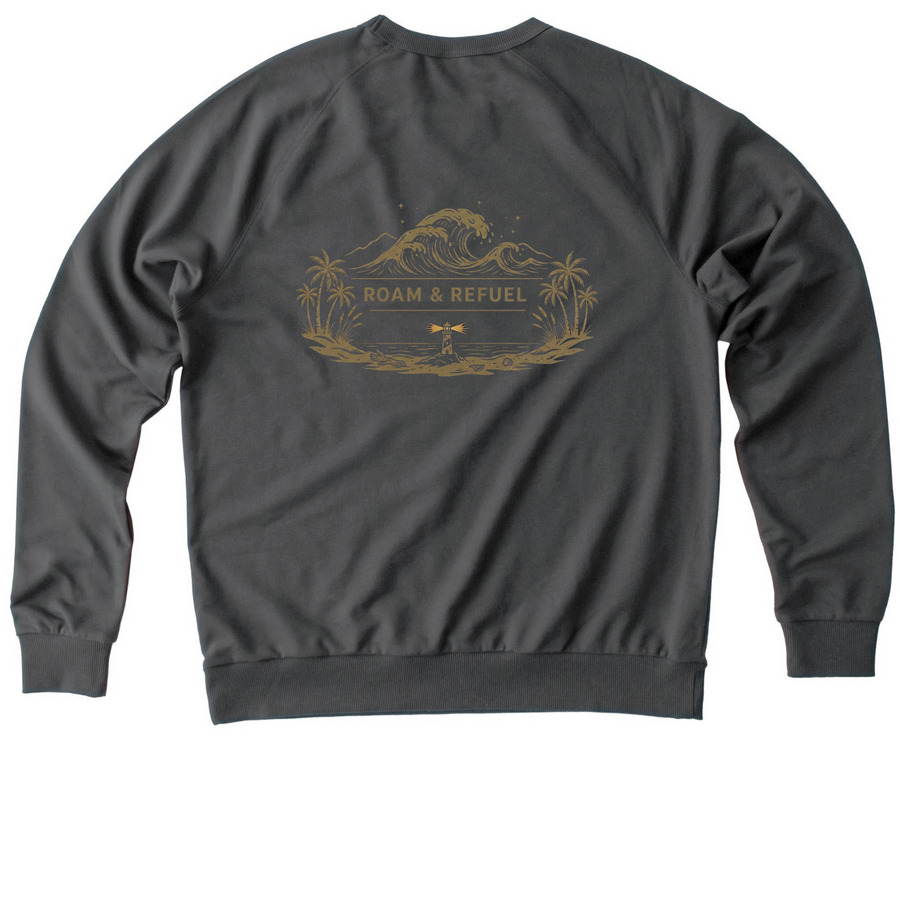 Roam & Refuel Coastal Wave Logo Crewneck, a Terrain Grey Allmade Organic French Terry Crewneck Sweatshirt (back-view)