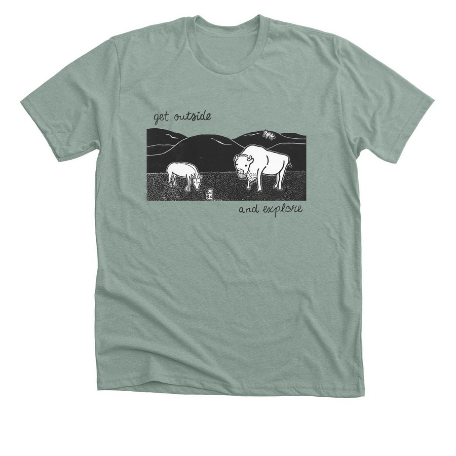 Get Outside and Explore, a Heather Sage Premium Unisex Tee