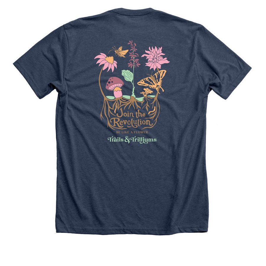 Official Shirt for Trails & Trilliums 2026, a Heather Navy Premium Unisex Tee (back-view)