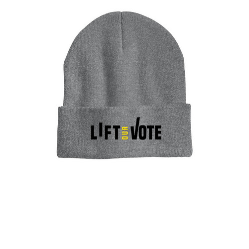Lift Our Vote Swag Caps, a Dark Heather Grey Printed Cuffed Beanie