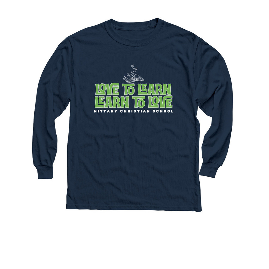 Love to Learn, Learn to Love, a Navy Youth Long Sleeve Tee