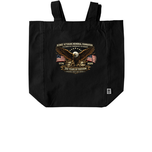 Oconee Veterans Memorial Celebrates 250&nbsp;, a Black Recycled Cotton Tote Bag