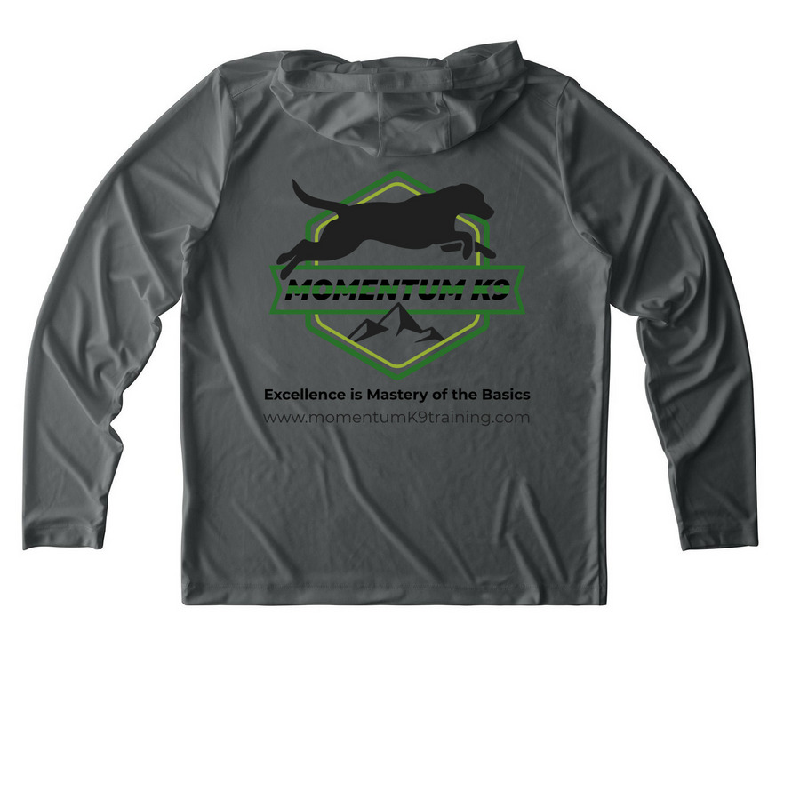 Momentum K9 | Built for the Work, a Dark Smoke Grey UV Performance Long Sleeve Hoodie (back-view)