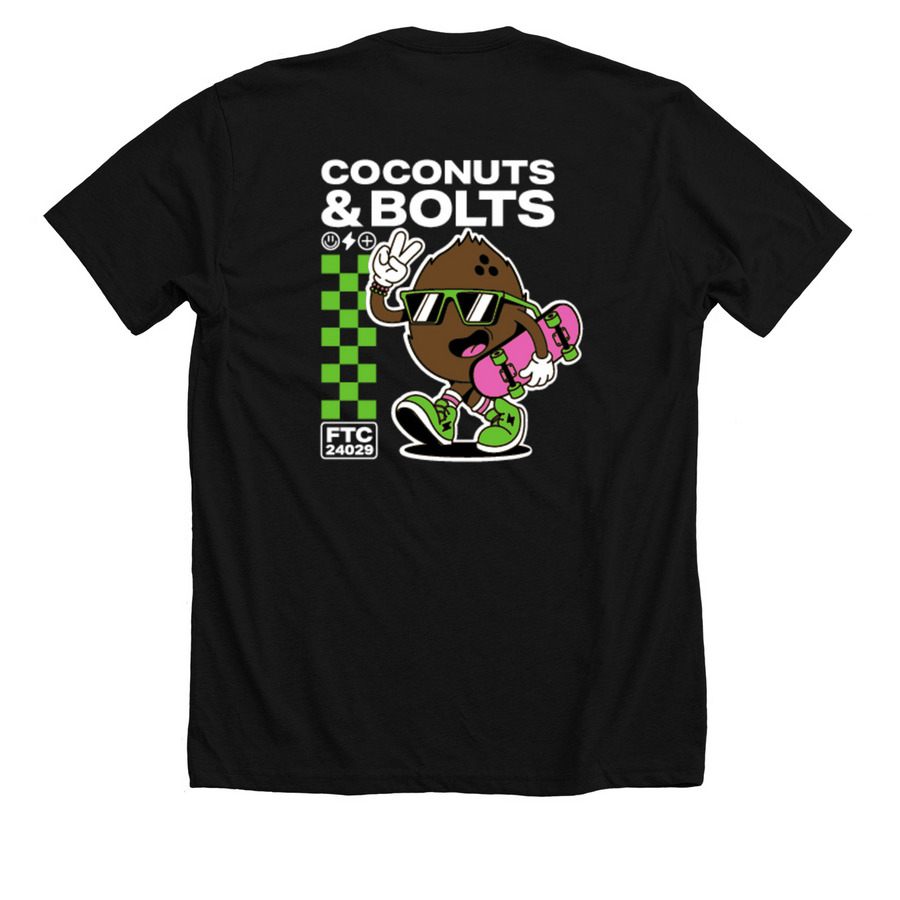 Coconuts & Bolts (Front and Back Design), a Solid Black Blend Premium Unisex Tee (back-view)