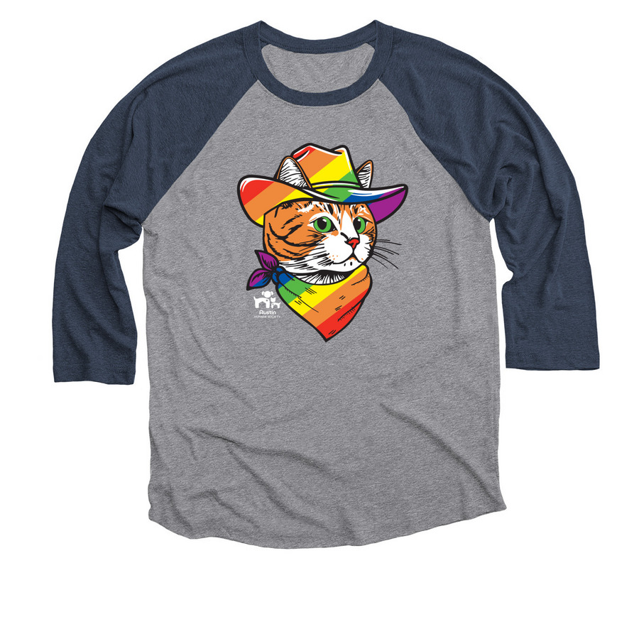 Pride Rainbow Cat, a Vintage Navy and Premium Heather 3/4 Sleeve Baseball Tee