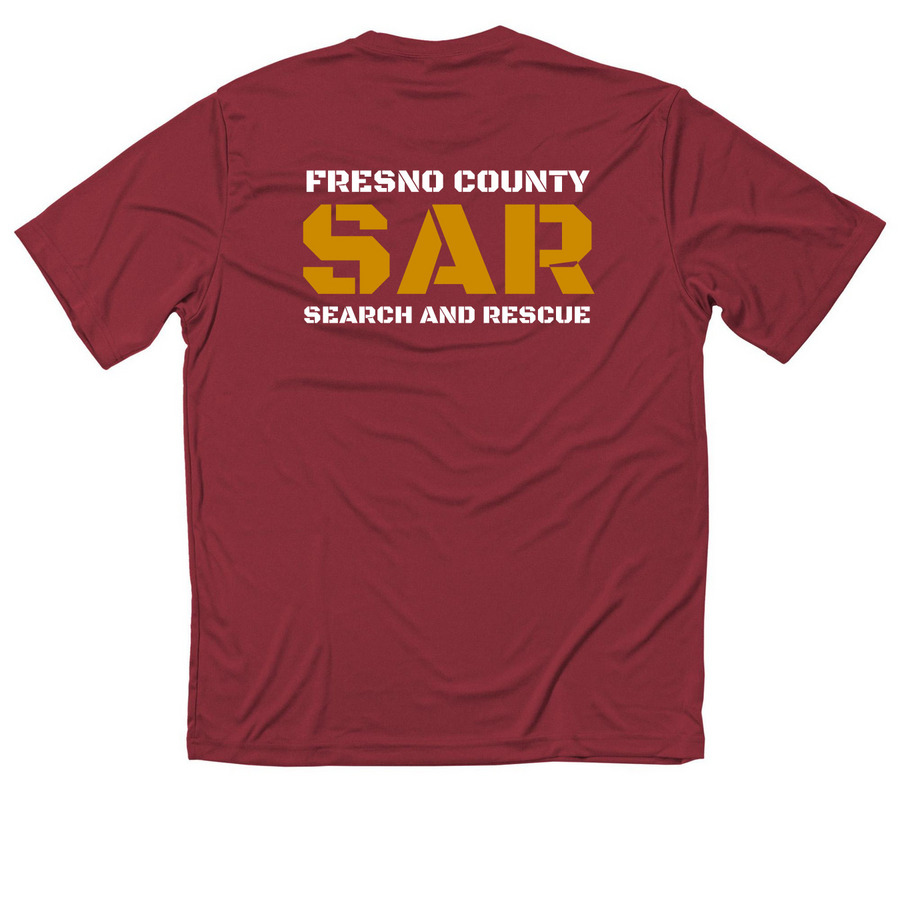 Fresno SAR team gear, a True Red Classic Performance Tee (back-view)