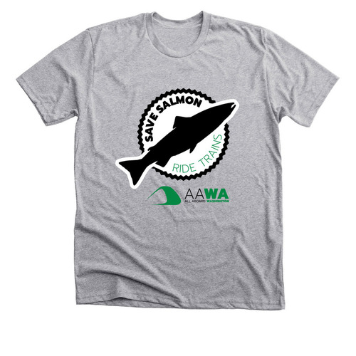 Save Salmon, Ride Trains, a Athletic Heather Premium Unisex Tee