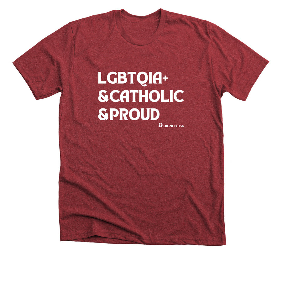 LGBTQIA+ & Catholic & Proud Apparel&nbsp;, a Heather Canvas Red Premium Unisex Tee