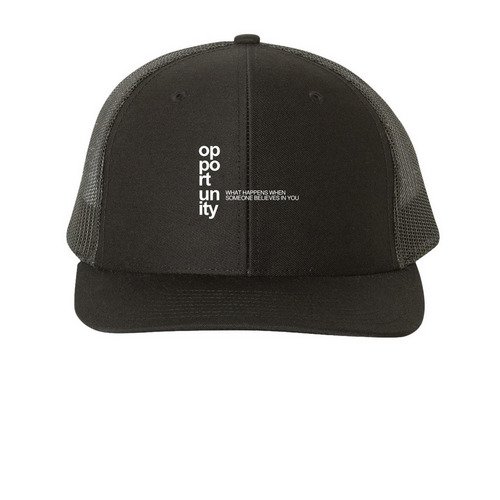 Opportunity Trucker Hat, a Black Printed Snapback Trucker Cap