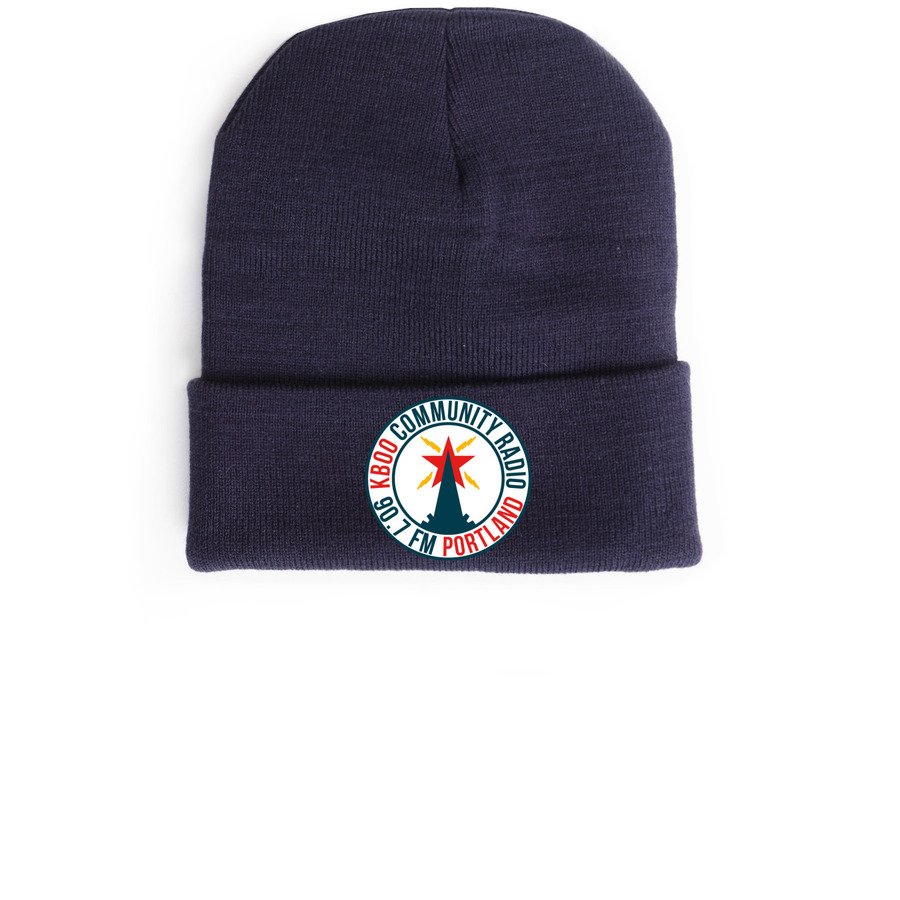 KBOO Beanie: Round Logo, a Navy Cuffed Beanie