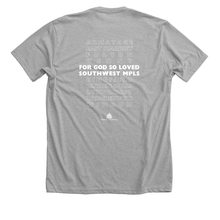 For God So Loved SW Minneapolis, a Athletic Heather Premium Unisex Tee (back-view)