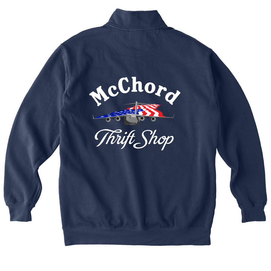 Volunteer sweatshirt - White text, a True Navy Comfort Colors Quarter Zip Pullover (back-view)