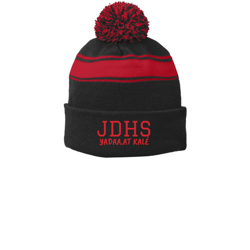 JDHS Beanie, a Black/ True Red Printed Stripe Pom-Pom Beanie