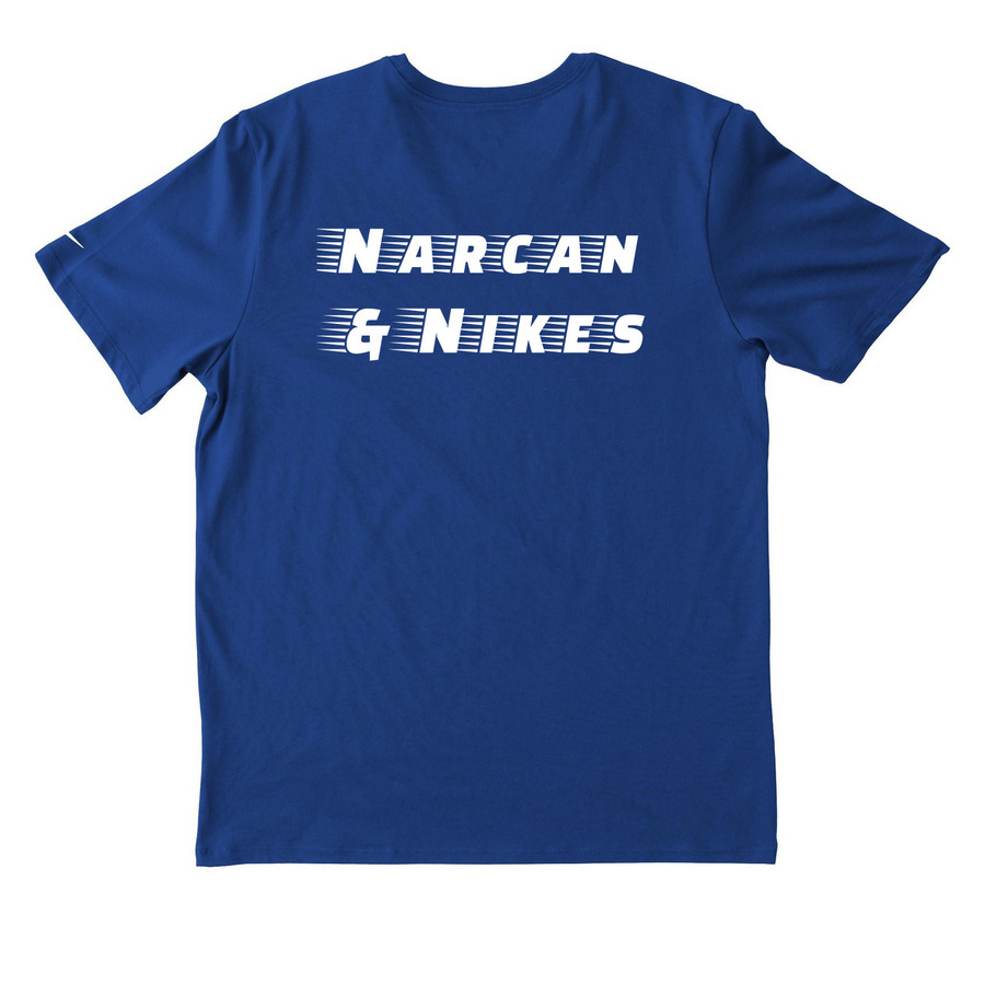 Narcan & Nikes, a Rush Blue Nike Dri-FIT Jersey Blend Performance Tee (back-view)