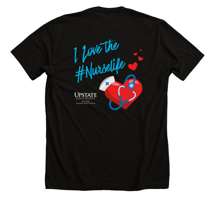 I Love the #NurseLife, a Solid Black Blend Premium Unisex Tee (back-view)