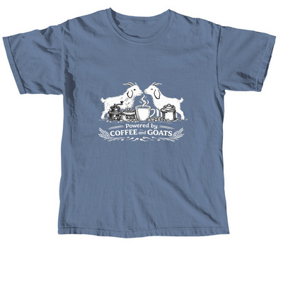 Powered by Coffee and Goats, a Blue Jean Comfort Colors Unisex Tee