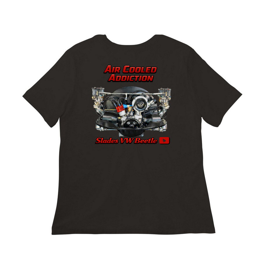 Womens Air Cooled Addict Shirts, a Black Women?s Relaxed Cotton Tee (back-view)