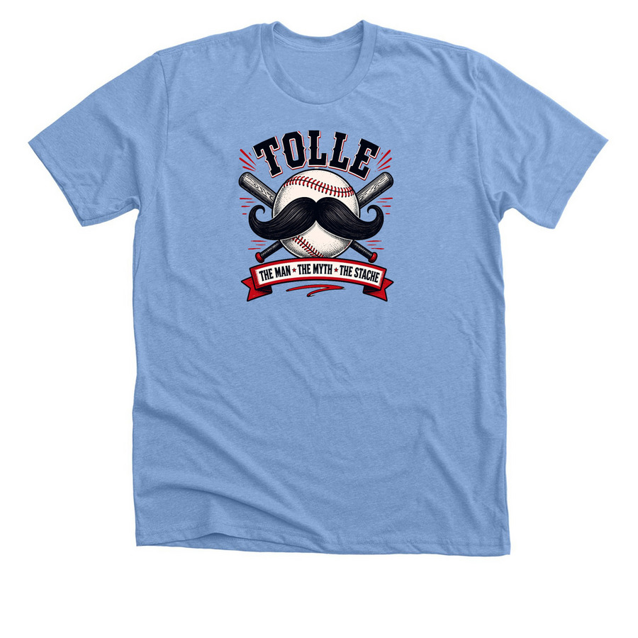 The Man, The Myth, The Stache, a Heather Carolina Blue Premium Unisex Tee