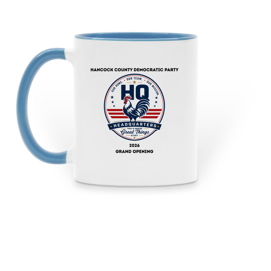 HQ Grand Opening Mug, a Light Blue Two-Tone Ceramic Mug (back-view)