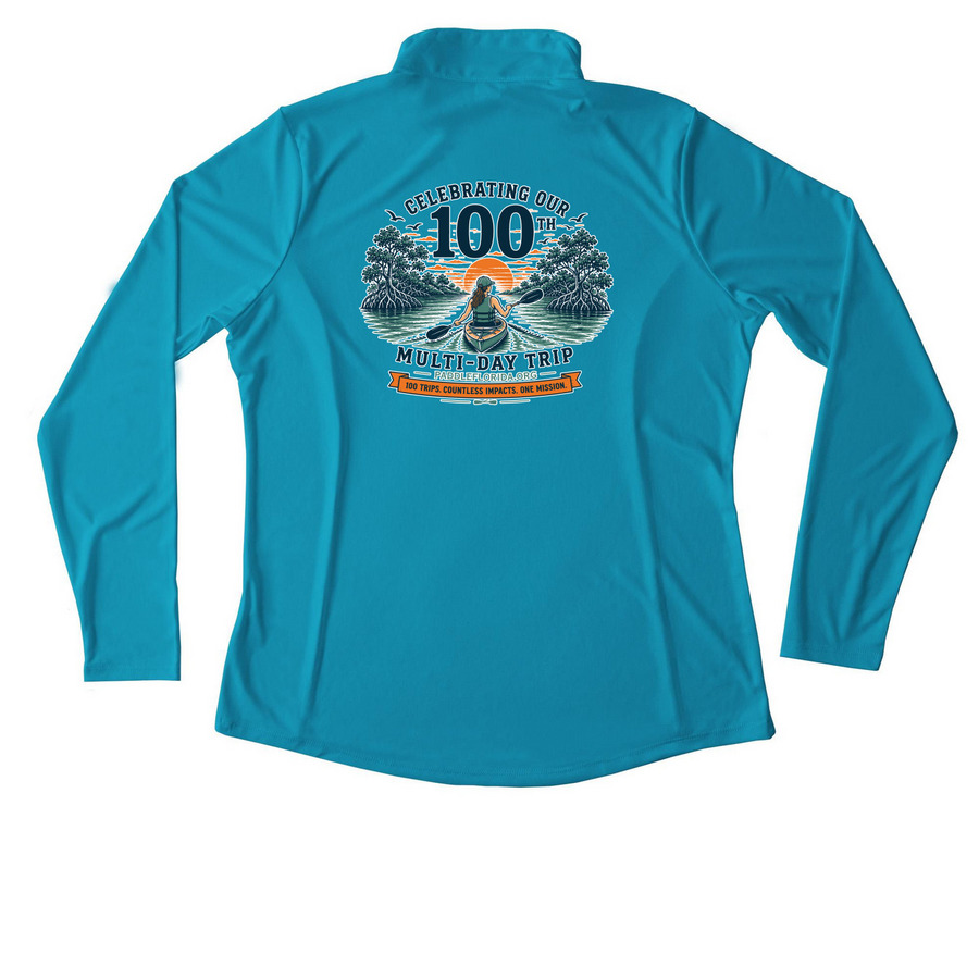 100 Trips ? Female Paddler, a Atomic Blue Women's Performance Quarter Zip Pullover (back-view)