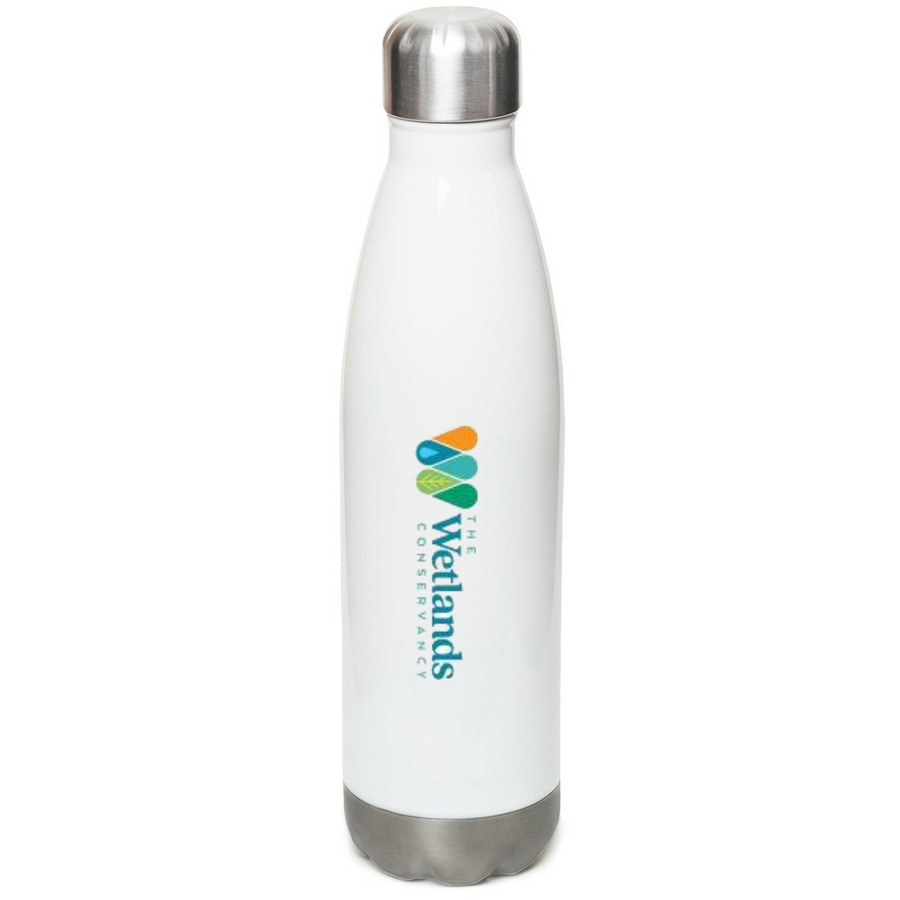 Wetland Water Bottle 1, a White Stainless Steel Water Bottle (back-view)