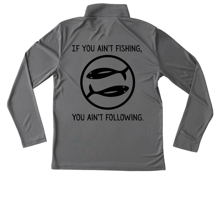 NDI: Ain't Fishing, Ain't Following (Active), a Grey Concrete Youth Performance Quarter Zip Pullover (back-view)