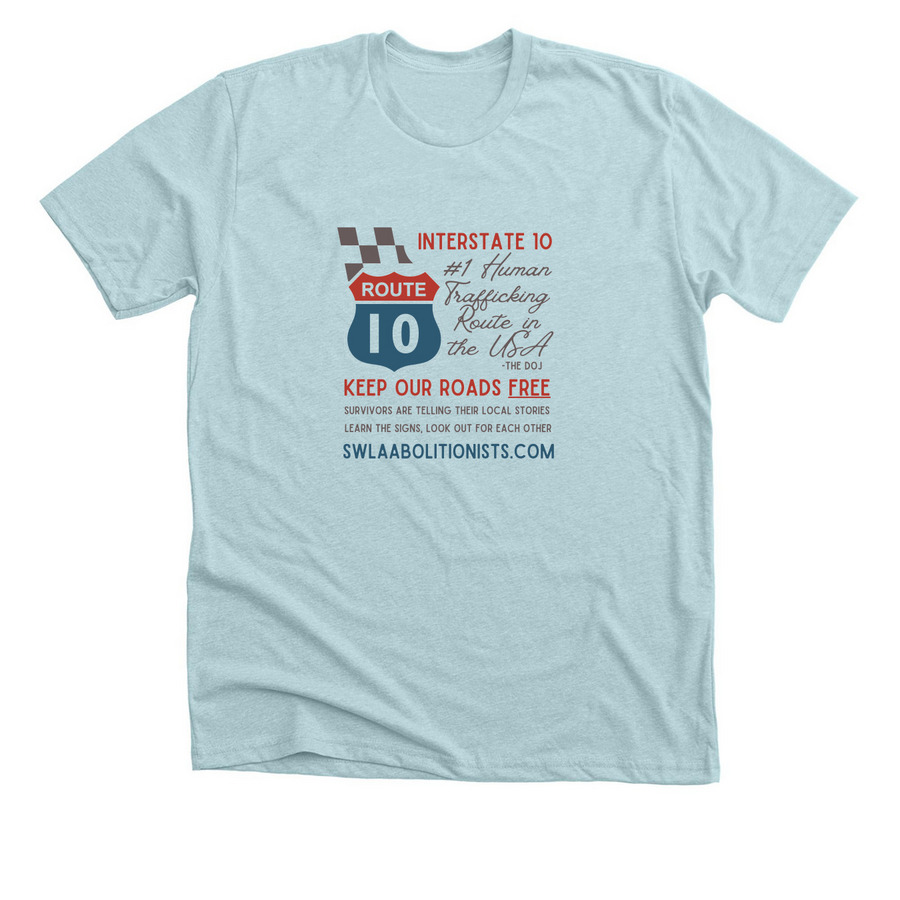 I-10 Trafficking Shirt, a Heather Ice Blue Premium Unisex Tee