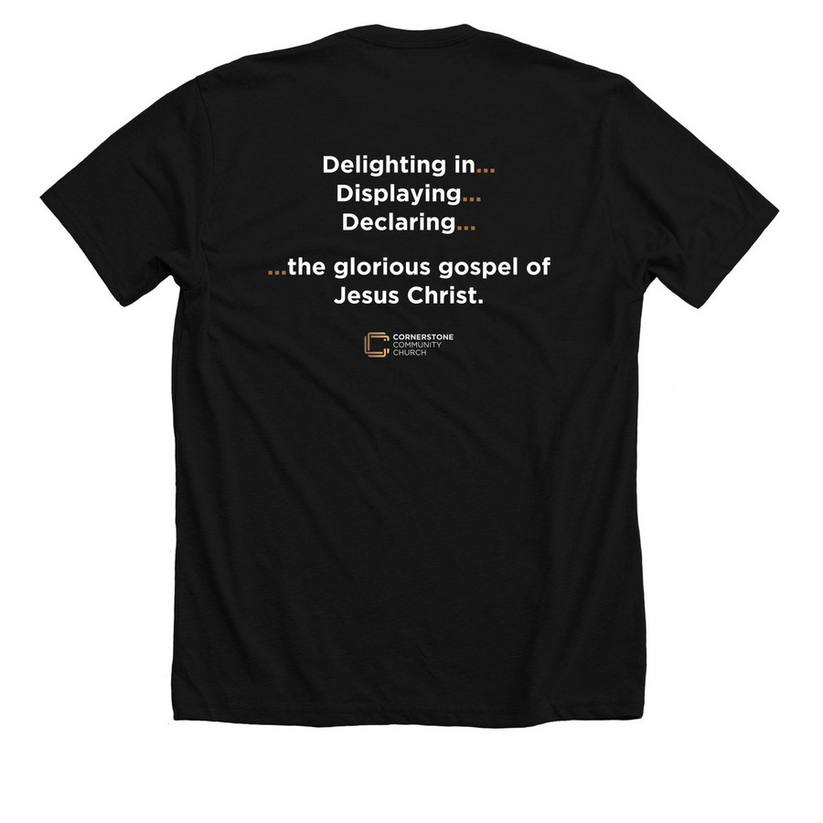 Small Cornerstone Logo + Mission Statement, a Solid Black Blend Premium Unisex Tee (back-view)